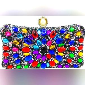 Elegant Black Multicolor Rhinestone Bejeweled Purse